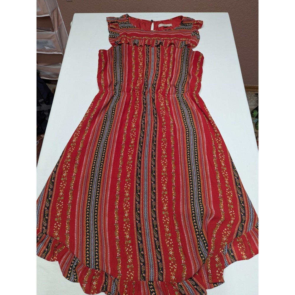 Loft Womens Red Floral Stripe Ruffle High Low Midi Dress Size L Sleeveless Boho